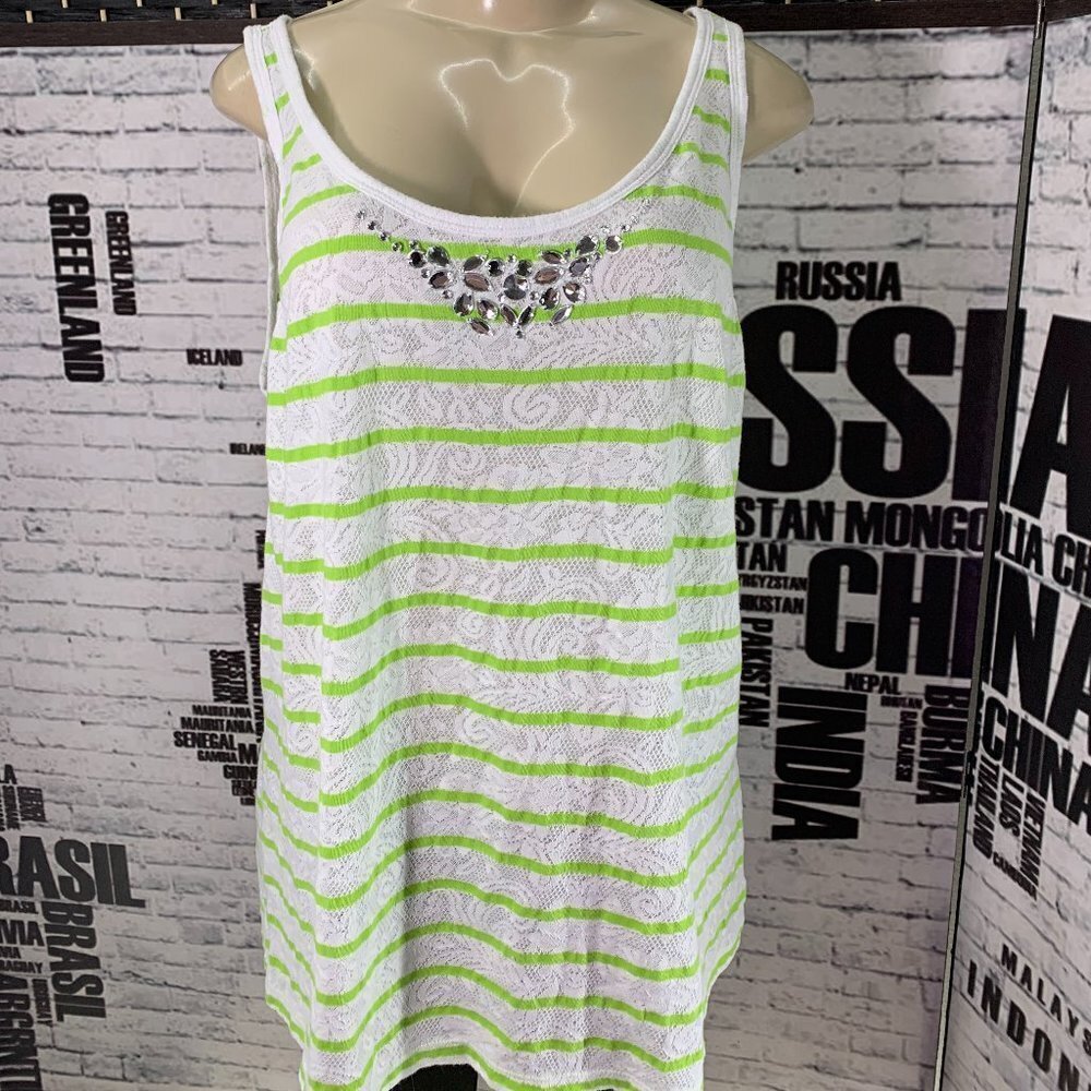 Lane Bryant White Lace Striped Jeweled Tank Top